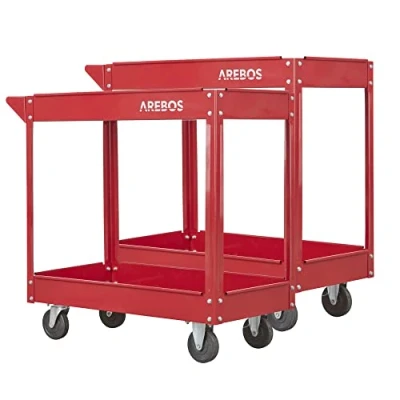 Imagen de Arebos Carro de Taller con Ruedas Herramientas Mano Montaje 2 Compartimentos Piezas Rojo