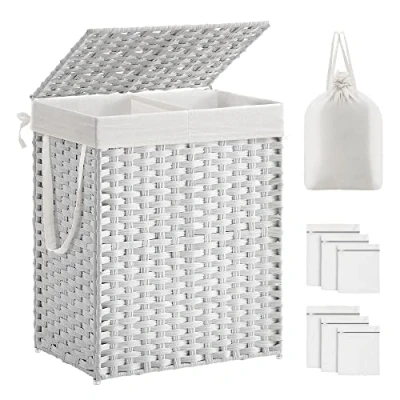 Imagen de SONGMICS Cesto de Ropa Sucia con Tapa, Cesta 90 L, 2 Compartimentos, Bolsa Extraíble Asas, Tejido a Mano, para Dormitorio, Baño, Lavandería, 33 x 46 60 cm, Blanco LCB251W01V1