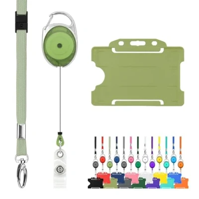 Imagen de cordón retráctil y soporte para insignias, paquete triple de LanyardsTomorrow. El juego incluye un solo liso, mosquetón extensible rígido tarjetas identificación (verde