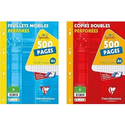 Imagen de Clairefontaine 11751AMZC Lote de 2 paquetes copias perforadas: 300 hojas móviles + páginas dobles, A4 21 x 29,7 cm, grandes baldosas papel blanco 90 g