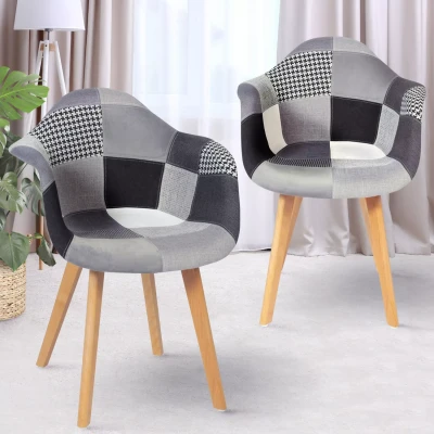 Imagen de IDMarket Juego de 2 sillas comedor escandinavas, mesa SARA con motivos patchworks negros, gris y blanco