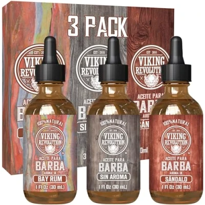 Imagen de Viking Revolution Aceite Barba Hombre Paquete de 3 Aceites Argan y Jojoba Suaviza Fortalece la Ron Bahia, Sin Perfume Aroma Sandalo 30 ml cada uno