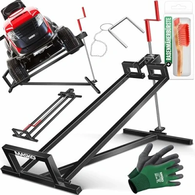 Imagen de MASKO® Elevador para Tractores de Césped XXL 400 kg Plataforma Elevadora Levantador Cortacésped Asiento Ayuda Limpieza Universal +45 Inclinación Ajustable Incluye Guantes Trabajo Negro