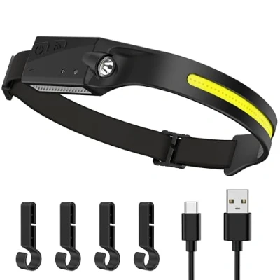 Imagen de Ambienden Linterna Frontal LED Súper Brillante, Cabeza Recargable USB C, 4 Modos De Luz, 350 Lúmenes, Sensor Movimiento, Para Correr, Pesca, Camping