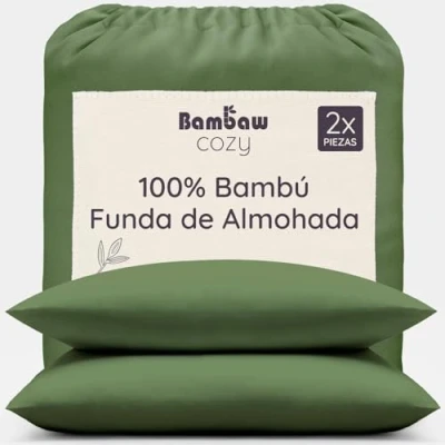 Imagen de Bambaw Funda Almohada 60x40 cm Bambú, Pack de 2, Sabanas Transpirables Antibacterias, Hipoalergenicas, Enfriadoras y Antiarrugas, Antiacaros (Oliva)