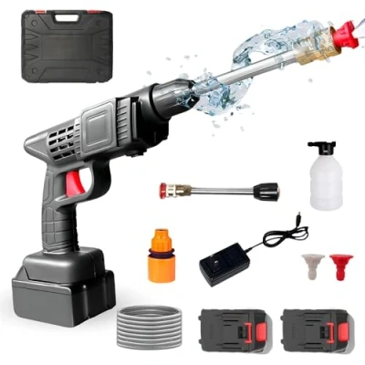 Imagen de Pistola de Limpieza a Presión. Hidrolimpiadora Portatil Inalámbrica 35Bar/500PSI y 1500mAh/300W con 2 Baterías Recargable 48V / 30 45min. Alta Presion para Coche Maletín Accesorios.