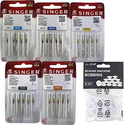 Imagen de Singer Pack de 5 Paquetes Agujas para Máquinas Coser Punto, Elásticos, Stretch Universales 130/705 H S 2045 Grosor 70, 80, 90, 100 y 110