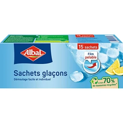 Imagen de ALBAL Bolsas de hielo, 70% recursos reciclados, cierre automático, fácil llenado y desmolde, 285 cubitos hielo