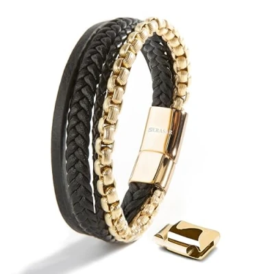 Imagen de SERASAR Pulsera Hombre Oro 20cm de Cuero Dorado Pulseras Hombres Brazalete Brazaletes Pulso Muñequera Muñequeras Bisuteria Joyeria Nudos Cuerda Cuerdas Bracelet Men Jewellery