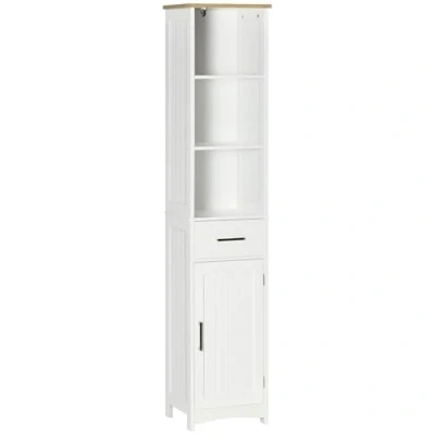 Imagen de kleankin Armario de Baño con 1 Cajón Puerta 3 Estantes Abiertos y Balda Interior Ajustable Mueble Auxiliar Almacenaje para Salón Aseo Dormitorio 34x30x163 cm Blanco