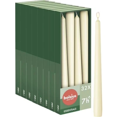 Imagen de Bolsius Velas de punta lisa Marfil 32 unidades en caja decorativas para el hogar Tiempo combustión 7 horas Sin perfume Contiene cera natural plantas aceite palma