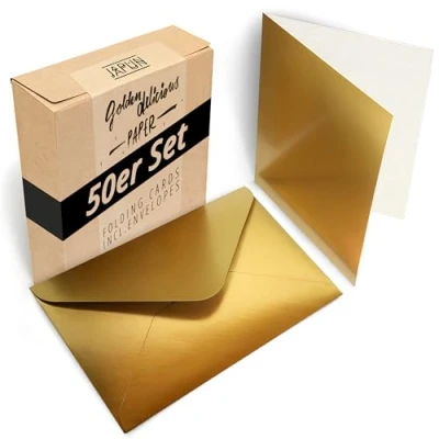 Imagen de Japun Juego de 50 tarjetas plegables que incluyen sobres, para diseñar DIN A6 / C6 oro/dorado
