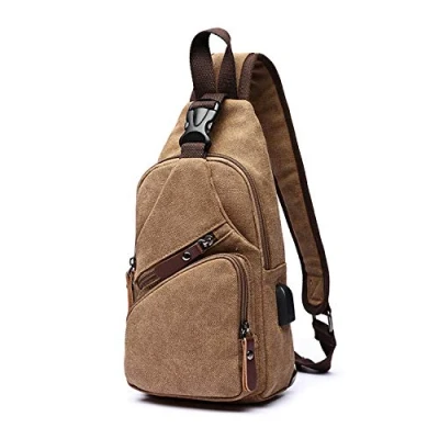 Imagen de FANDARE Bolsa de Pecho Hombre Lona Deportiva Hombro Bandoleras Cruzada con USB Mochila,Mochilas Pequeñas para Ciclismo,Acampada,Viaje Marrón