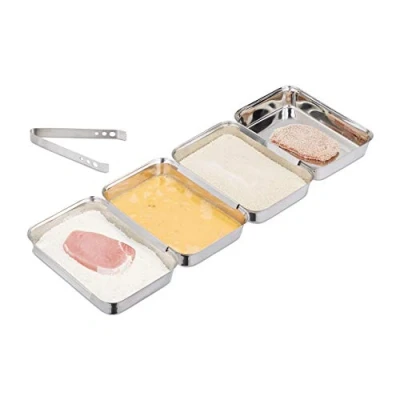 Imagen de Relaxdays Set para empanar, Cuatro bandejas de rebozar, Pinzas Cocina, Apilables, Apto lavavajillas, Plateado, Acero Inoxidable