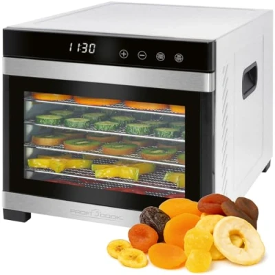 Imagen de Proficook PC DR 1218 DR1218 Deshidratador de Alimentos, 6 Bandejas Acero Inoxidable, Temperatura Ajustable 35 75C, Temporizador 30 min 24 h, Seca Frutas, Verduras, Carne, Hierbas, 650 W