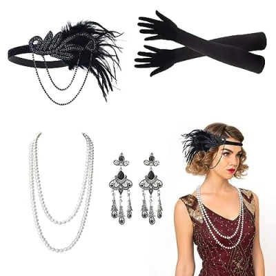 Imagen de VIKSAUN 5 Piezas 1920 Juego de Accesorios, 1920s Accesorios Set, Diadema Años 20 Mujer, 20, Great Gatsby para Mujeres, Plumas (5 Piezas)