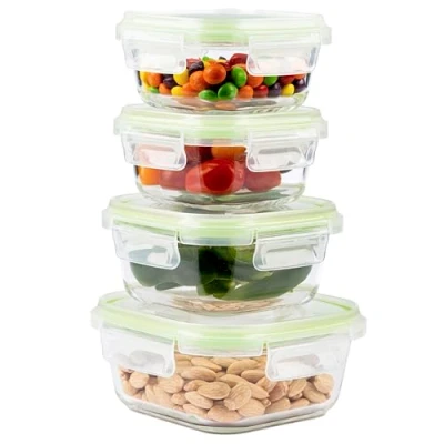 Imagen de Home Fleek Recipientes De Cristal para Alimentos Hermeticos con Tapa Tapers Comida Hermetico, Ahorro Espacio Microondas, Horno Y Congelador (Pack 4, Verde)