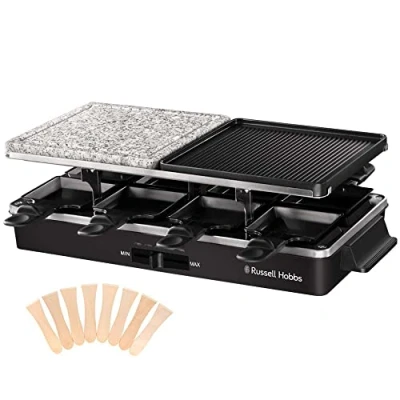 Imagen de Russell Hobbs Multi Raclette 3 in 1 8 Mini Sartenes, Placas Duales: Superficie Acero Inoxidable y Piedra, Grill Reversible, Antiadherentes, Espátulas de Madera, 1400 W, Negro 26280 56