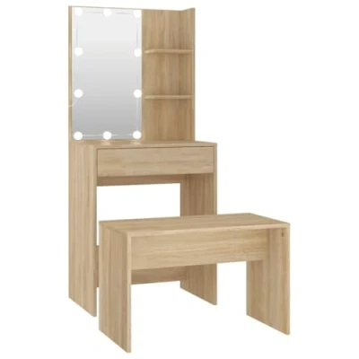 Imagen de vidaXL Juego de Tocador con LED Mesa Maquillaje Cosméticos Joyería Taburete Almacenamiento Dormitorio Madera Contrachapada Roble Sonoma