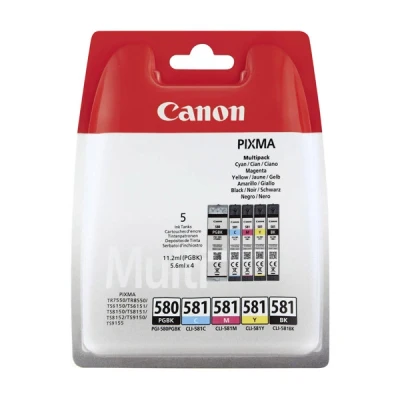 Imagen de Canon PGI 580 + CLI 581, Cartuchos de Tinta Original, 5 Independientes, 2 Color Negro y 3 Amarillo, Magenta Cian, Compatible con Impresoras Inyección PIXMA