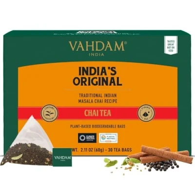 Imagen de VAHDAM, Original Masala Chai Té (30 Piramidales Bolsitas De Té) Bolsa Con Especias 100% Pura Y Natural Caliente, Frío O Como Kombucha