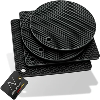 Imagen de AVANA Posavasos de silicona (juego 4), salvamanteles prémium multifuncionales, resistentes al calor, aptos para lavavajillas, antideslizantes, diseño panal (2 redondos, 2 cuadrados), color negro