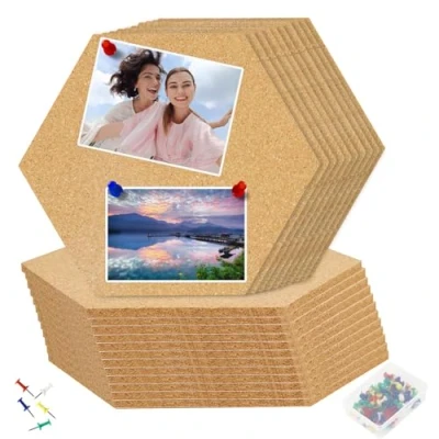 Imagen de Gucass 24 tablones de corcho hexagonal, tablero autoadhesivo, pared fieltro DIY con 80 pines, pizarra para colgar fotos, tableros anuncios, decoración del hogar y oficina
