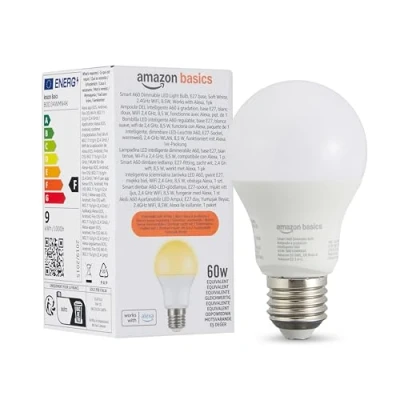 Imagen de Amazon Basics Bombilla led inteligente A60 regulable, casquillo E27, blanco suave, WiFi de 2,4 GHz, 8.5 W, funciona solo con Alexa, 1 paquete