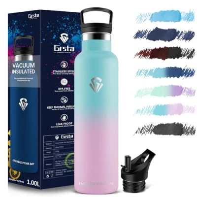 Imagen de Grsta Botella agua Acero Inoxidable 1L Termica Cantimplora Sin BPA Gimnasio para Adultos, Deportiva, Gym, Escuela