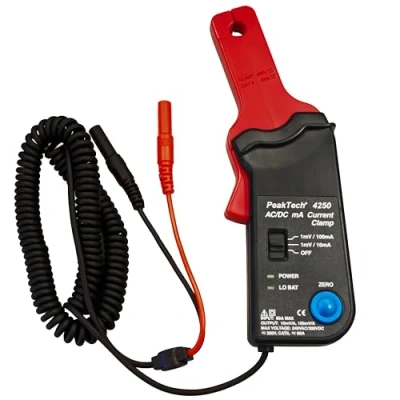 Imagen de PeakTech 4250 Adaptador de pinza corriente 60 A AC/DC para multímetro, conector 4 mm, medidor voltaje, funciona con batería, continua, alterna CAT II 300 V
