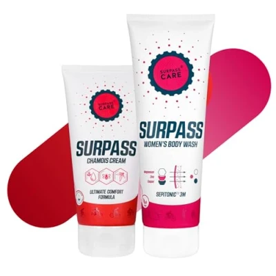 Imagen de Surpass Paquete de Ciclismo para Mujer, Crema Antirozaduras Muslos y Gel Ducha Deportivo Mujeres con Magnesio, Protección contra El Roce Muslos, Refuerzo Energía 170 + 250 ml