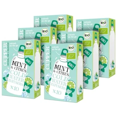 Imagen de CUPPER Pack de 6 Cajas 10 Bolsitas Infusiones Ecológicas Frías Menta y Cítricos Propiedades Refrescantes Digestivas Contiene Hibisco Blanco Regaliz