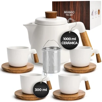 Imagen de MIAMIO Juego de tetera cerámica 1000 ml con infusor y tazas/colador té, 4 tazas té (300 ml), platitos bambú/asa para el hogar despacho (Blanco)