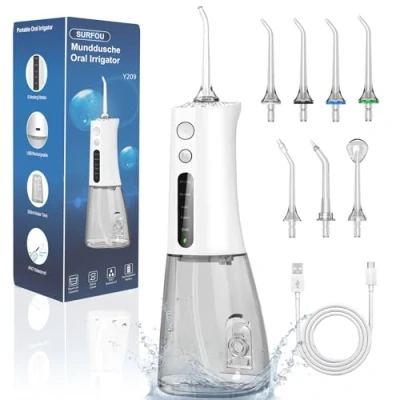 Imagen de SURFOU Irrigador dental Portatil Bucal, Limpiador Dientes Agua Presion Irrigadores Dentales Bucales, Water Flosser for Teeth Limpieza Viaje, Profesional Inalambrico Con Irradiador