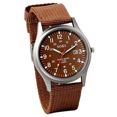Imagen de JewelryWe Reloj para Hombre, de Cuarzo Caballero con Correa Nylon, Calendario Estilo Sencillo, Regalo Color Marrón