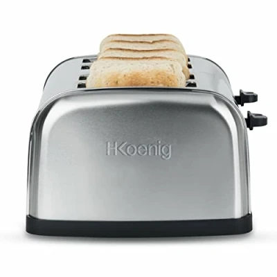 Imagen de H.Koenig Tostadora 4 rebanadas TOAS14 Ranuras anchas Acero inoxidable vintage, 6 niveles de dorado, Pan y bollería vienesa, Fácil limpieza, 1500 W