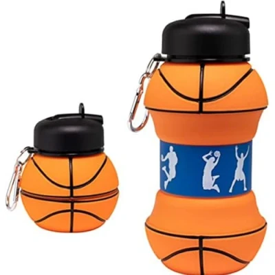 Imagen de botella de agua plegable con boquilla succión, reutilizable y a prueba fugas, forma balón baloncesto para niños adolescentes