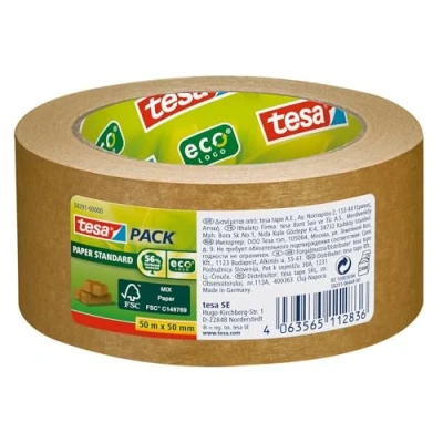 Imagen de tesapack Paper Standard Cinta de Embalaje Hecha Papel Ecológico 56 Prozent Material Biológico Eficiente y Reciclable 50 m x mm Marrón