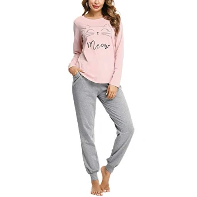 Imagen de Sykooria Conjunto de Pijama Mujer Algodón Manga Larga Invierno Top y Pantalones Ropa Dormir Suave para Pjs Lounge Wear(Rosa,XL)
