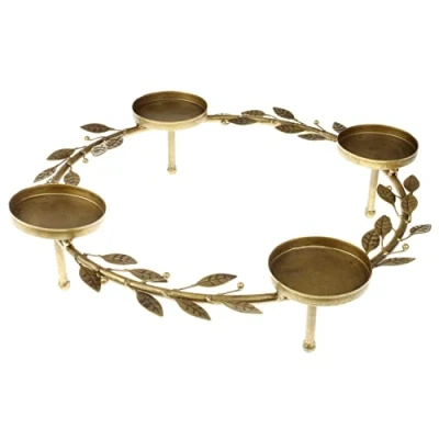 Imagen de MACOSA SA88892 corona de adviento con hojas doradas 40 cm diámetro, 4 portavelas para decoración mesa, rústico, navideña, metal