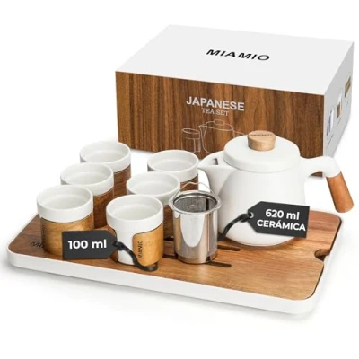 Imagen de MIAMIO Juego de té japonés/chino 6 x 100 ml/Tetera asiática 620 ml con infusor para té, tazas tradicional japonés amantes del té/hombres/mujeres (Blanco)