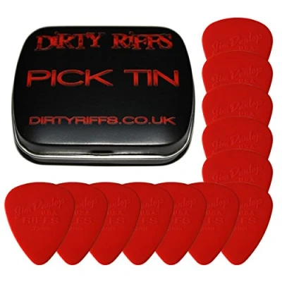 Imagen de 12 púas para guitarra Dunlop Riffs de 0,73 mm, color rojo en una práctica lata
