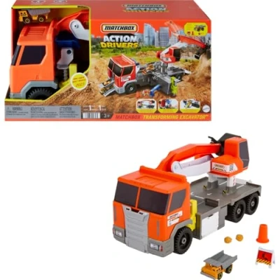Imagen de Matchbox Action Drivers Camión Excavadora Coche de Juguete Grande con Accesorios y 1 vehículo, +3 años (Mattel HPD64)