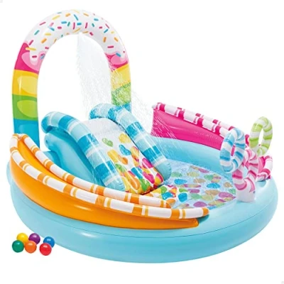 Imagen de Intex 57144 Piscina Hinchable Infantil, Juegos Golosina con Tobogán, para Mayores de 2 Años, Capacidad 165 litros, Base Acolchada, Medidas 170x168x122 cm, Incluye Parche Reparación
