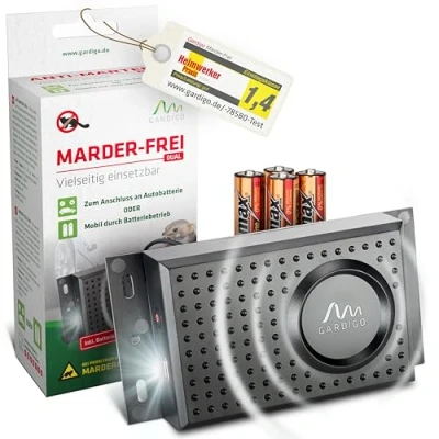 Imagen de Gardigo® Ahuyentador de Roedores y Garduñas Dual I Ultrasonidos Flash Móvil para Coche, Casa, Garaje Funcionamiento por Pilas o Conexión a la Batería del Coche Repelente