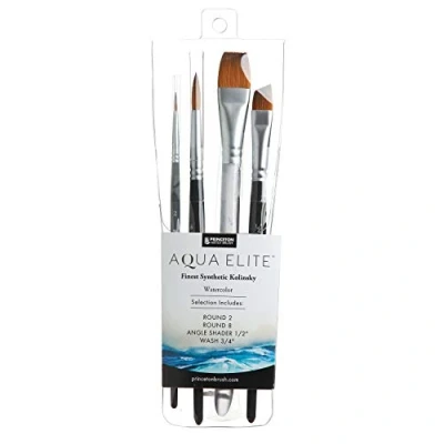 Imagen de PRINCETON ARTIST BRUSH CO. Aqua Elite, Pinceles para acuarela de bellas artes, Sintético Kolinsky Sable, Set 4 pinceles, mango corto, Caja plástico, unidades