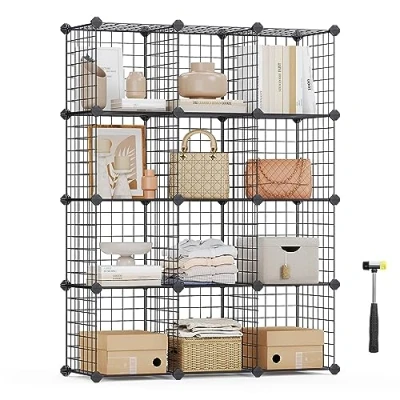 Imagen de SONGMICS Armario Modular de Malla Hierro, Almacenaje, Estantería Modulable, Organizador Multiuso, 4 Niveles, 3 Filas, con 1 Martillo Goma Gratuito, 93 x 31 123 cml, Negro LPI34H