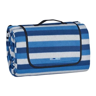 Imagen de Relaxdays Manta Pícnic XXL, 200x300 cm, Estera Césped Forro Polar a Rayas, Aislante e Impermeable, con Asa, Azul/Blanco, Aluminio