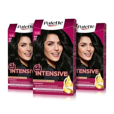 Imagen de PALETTE Intensive Creme color 1 0 Negro, tinte de pelo permanente con aceite macadamia y almendras, cubre el 100% las canas raíces, para un radiante