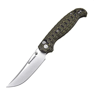 Imagen de Harnds Giant Silkworm Cuchillo Plegable con Hoja de Acero Sandvik, para Exteriores Mango G10 Bolsillo Camping Clip Reversible (Negro y Amarillo)